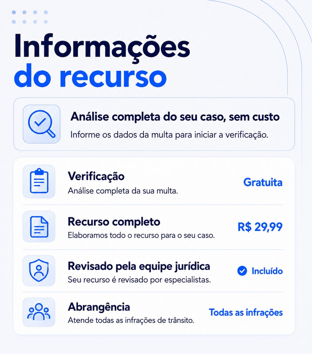 Informa&ccedil;&otilde;es do recurso: an&aacute;lise completa do seu caso sem custo, verifica&ccedil;&atilde;o gratuita, recurso completo por R$ 29,99, revisado pela equipe jur&iacute;dica e atende todas as infra&ccedil;&otilde;es de tr&acirc;nsito.